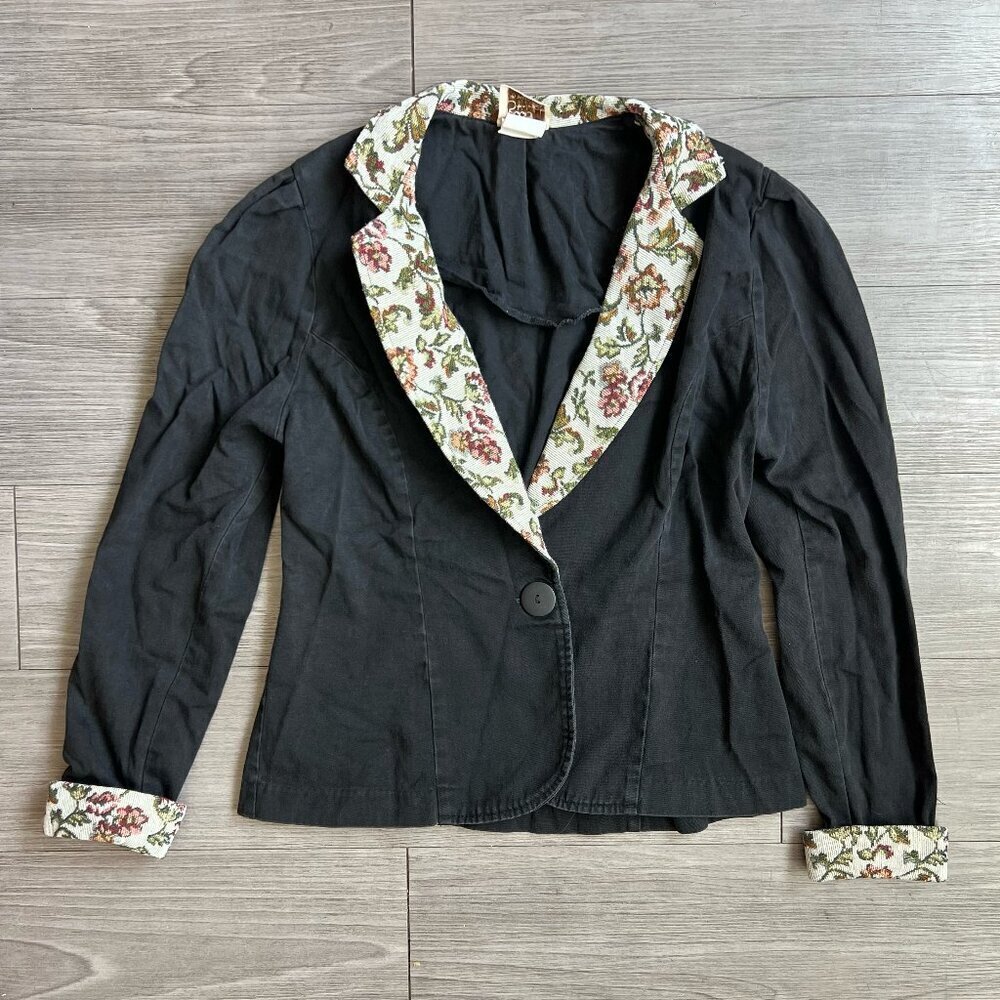 Vintage 80s Good Things of California Tapestry Lapel & Cuff Black Blazer Size S